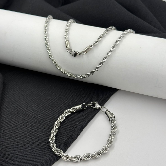 Combo cadena y pulsera lazo plateado gruesa