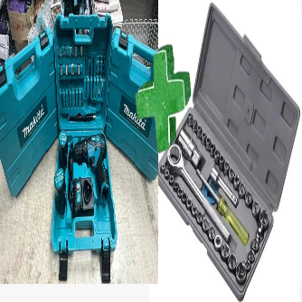 Taladro azul más caja de herramientas